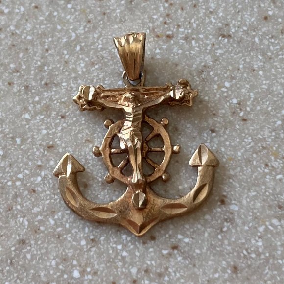 14K Mariners Cross Jesus on Cross Anchor Charm Pendant Unisex